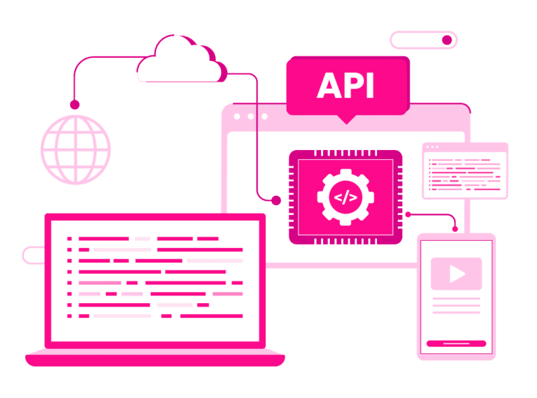 Ilustración que muestra la integración de API para pagos digitales sin inconvenientes, con un ícono de computadora portátil, teléfono inteligente, nube y globo terráqueo interconectados. Destaca las API de Pago para facilitar la comunicación digital y el intercambio de datos sin esfuerzo en las transacciones financieras.